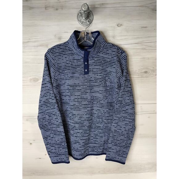St Johns Bay Sweater Womens Medium Blue Stripe Snap Mock Neck Pullover Knit - Picture 1 of 8